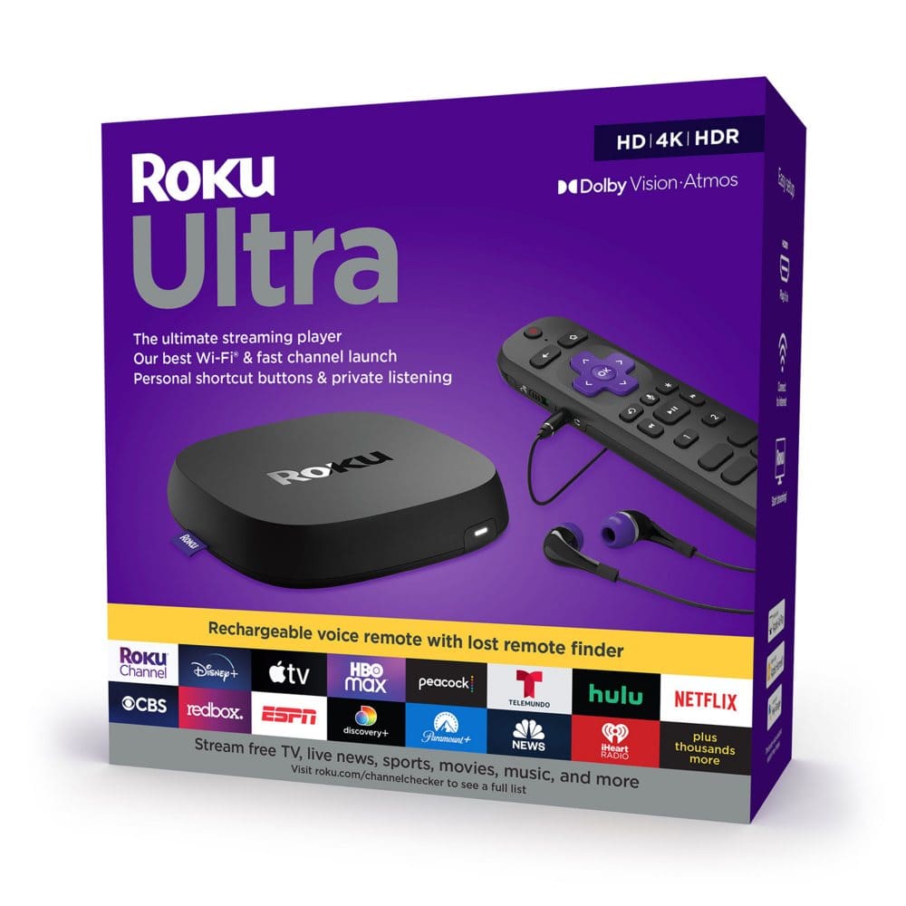 Roku Ultra | 4K/HDR/Dolby Vision Streaming Device and Roku Voice Remote Pro with Rechargeable Battery Hands-Free Voice Controls Lost Remote