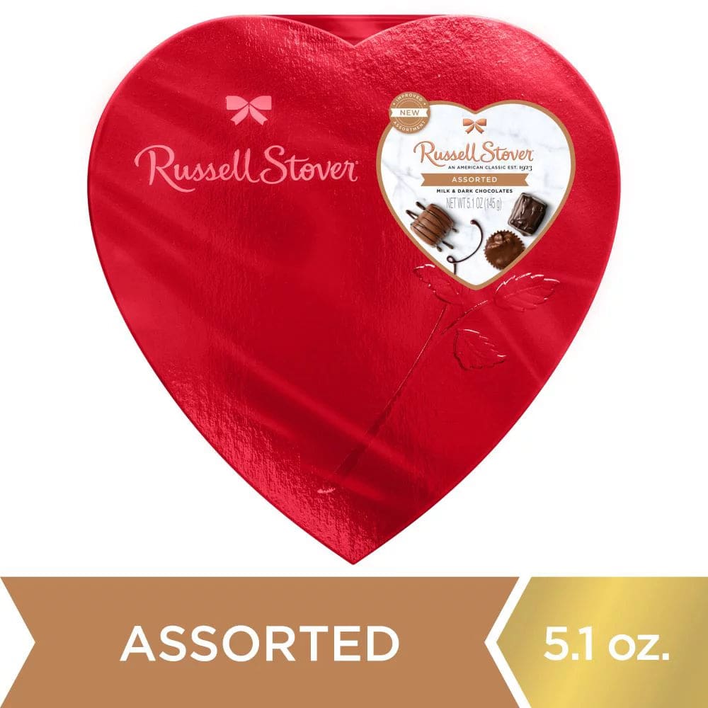 Russell Stover Valentine’s Day Red Foil Heart Assorted Milk & Dark Chocolate Gift Box 5.1 oz. (9 Pieces) - Russell Stover