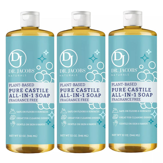 Dr. Jacobs Naturals Pure Castile Liquid Soap, Unscented, Natural Face and Body Wash, 32 oz.  (3 Pack)
