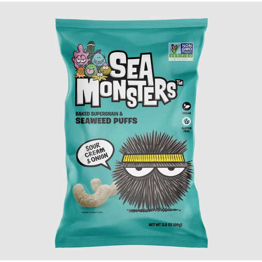 SEA MONSTERS: Seaweed Puffs Sour Cream Onion 3.5 oz (Pack of 5) - Puffed Snacks - SEA MONSTERS