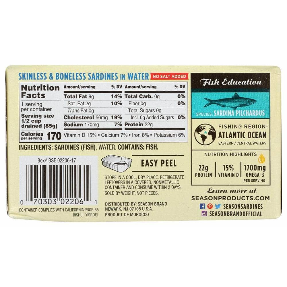 SEASON BRAND Season Skinless And Boneless Sardines In Water No Salt Added, 4.25 Oz
