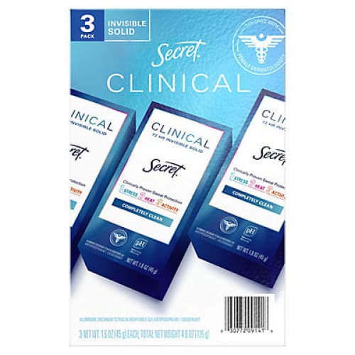 Secret Clinical Strength Invisible Solid Antiperspirant and Deodorant - Completely Clean 3pk./1.6 oz. - Home/Personal Care/Personal Care
