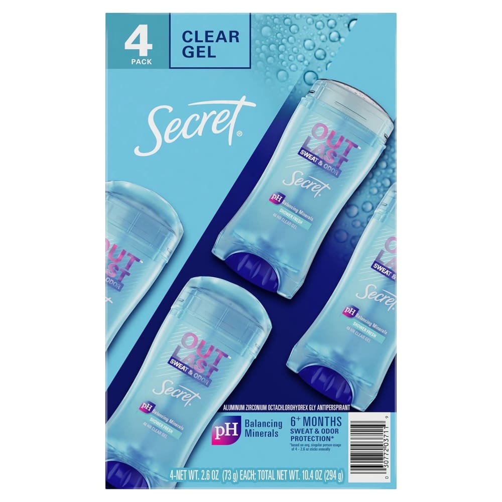 Secret Outlast Shower Fresh Clear Gel Deodorant - 4 Pack - 2.6oz/ea - Solid - Secret