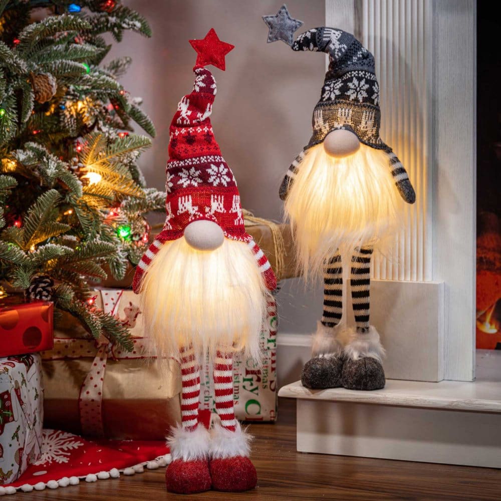 Set of 2 Lighted Holiday Standing Plush Gnomes - Cozy Christmas - Set