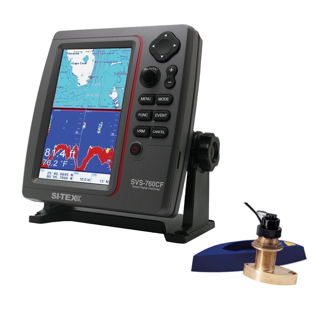 SI-TEX SVS-760CF Dual Frequency Chartplotter/ Sounder w/ Navionics+ Flexible Coverage & Bronze Thru-Hull Triducer - Marine Navigation &