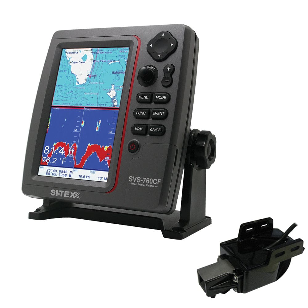 SI-TEX SVS-760CF Dual Frequency Chartplotter Sounder w/ Navionics+ Flexible Coverage & Transom Mount Triducer - Marine Navigation &