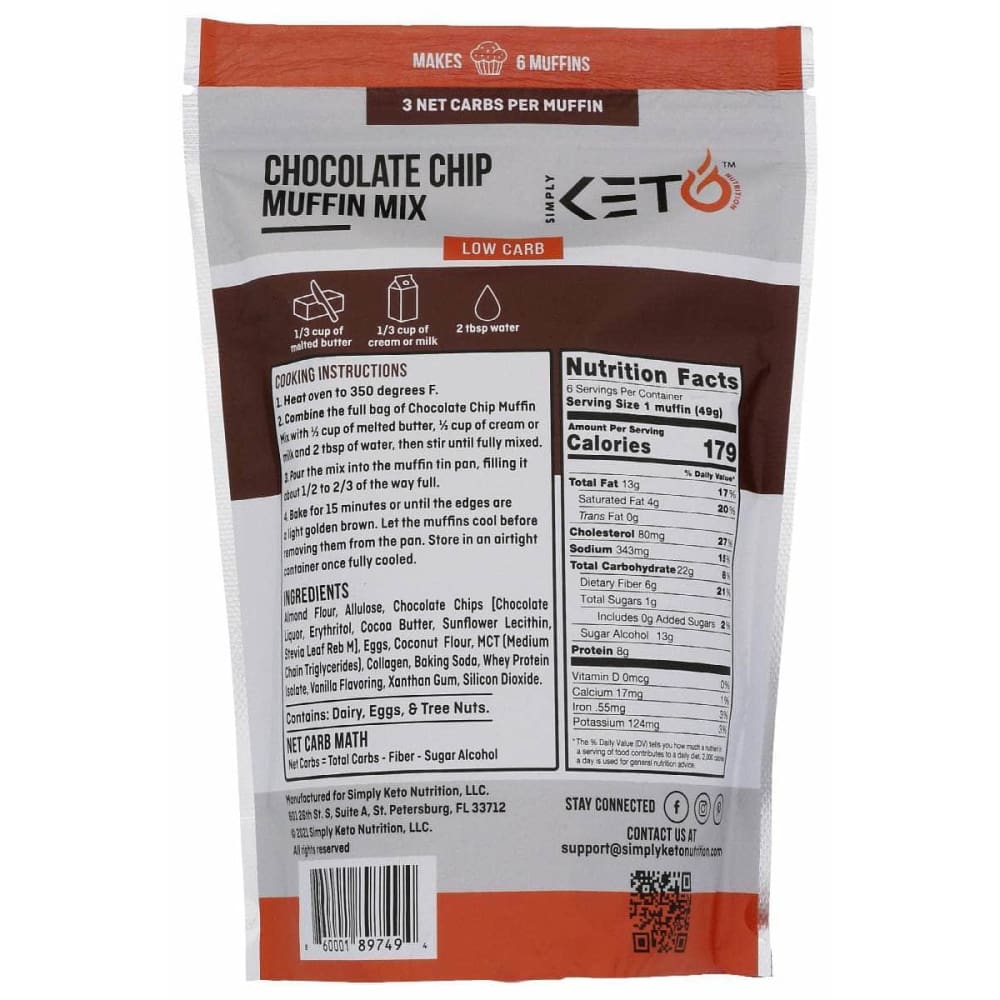 SIMPLY KETO NUTRITION Grocery > Cooking & Baking > Baking Ingredients SIMPLY KETO NUTRITION: Low Carb and Keto Friendly Chocolate Chip Muffin Mix, 10.5 oz