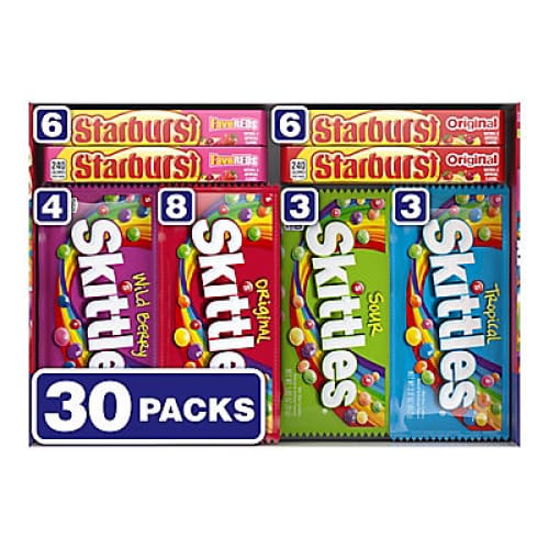 Skittles And Starburst Chewy Candy Bulk Variety Pack Full Size Assorted Fruity Candy 30 ct. - Home/Grocery/Candy/Gummy Hard & Chewy Candy/ -