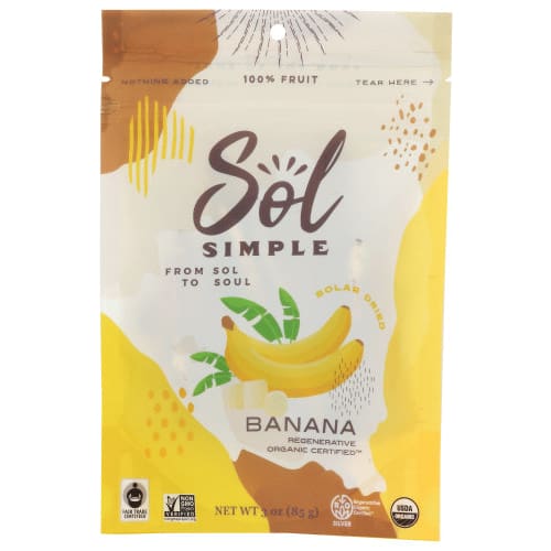 SOL SIMPLE: Solar Dried Banana Organic Regenerative Certified 3 oz (Pack of 5) - Fruits Dried - SOL SIMPLE