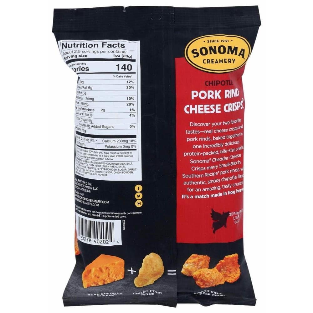 SONOMA CHEESE Grocery > Snacks > Chips > Snacks Other SONOMA CHEESE: Pork rind Chipotl Crisp, 2.4 oz