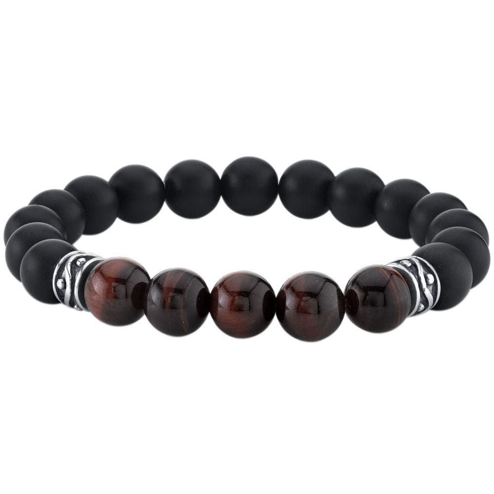 Spartan Sterling Silver and Red Tiger Eye with Black Agate Gents Bead Bracelet - Father’s Day Essentials - Spartan