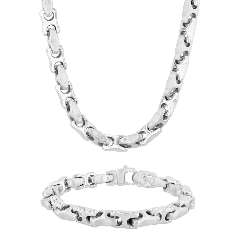 Stainless Steel Puff Mariner Link Fashion Chain and Bracelet Set - Bracelets & Bangles - Stainless