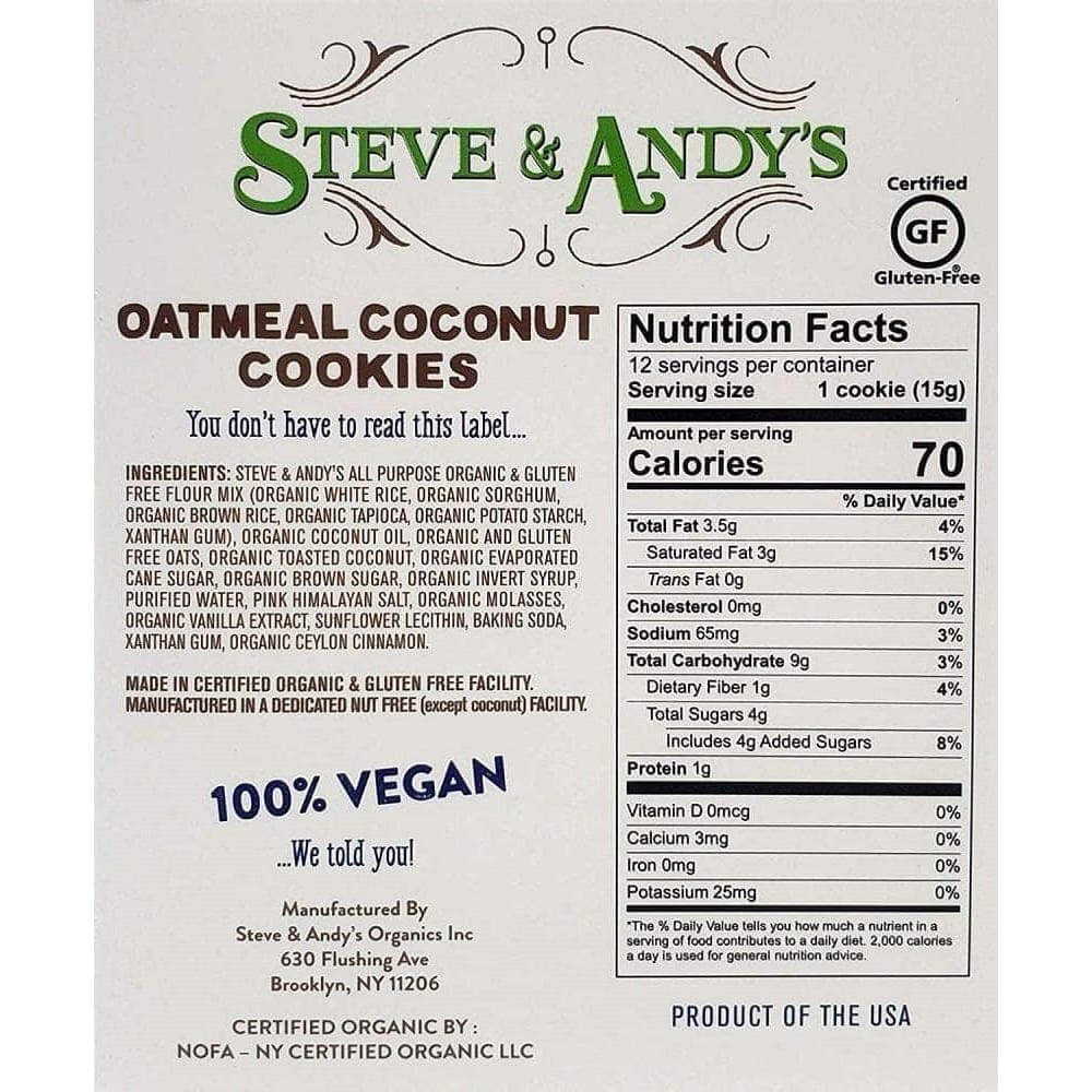 STEVE & ANDYS ORGANICS Steve & Andy'S Organics Coconut Oatmeal Cookies, 6.3 Oz