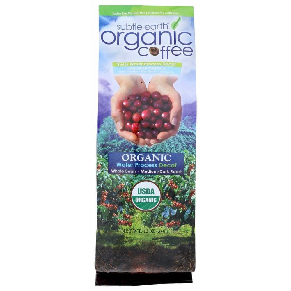 SUBTLE EARTH ORGANIC Grocery > Beverages > Coffee, Tea & Hot Cocoa SUBTLE EARTH ORGANIC: Whole Bean Swiss Water Decaf, 12 oz