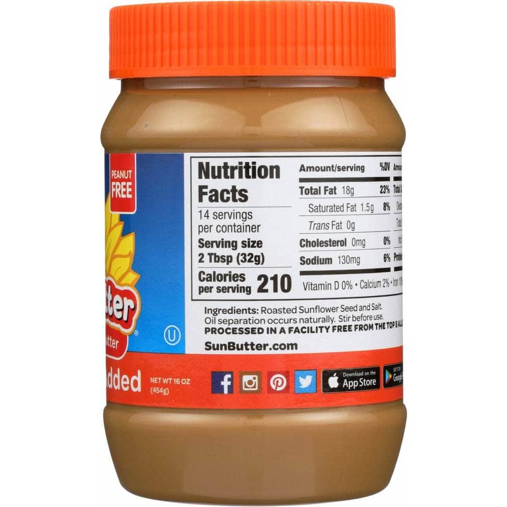 Sunbutter Natural Sun Butter No Sugar Added Natural Sunflower Seed Spread, 16 oz