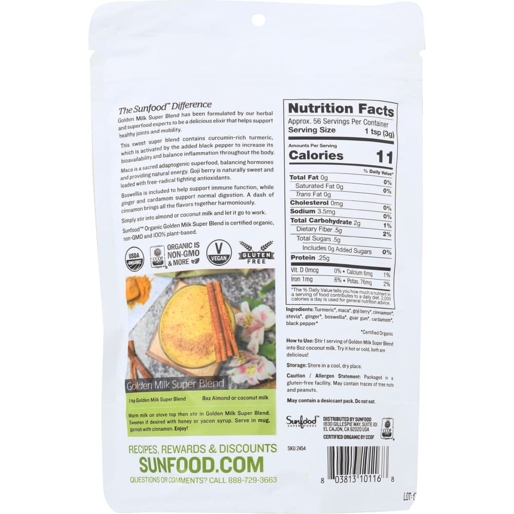 SUNFOOD SUPERFOODS: Golden Milk Super Blend 6 oz - Vitamins & Supplements > Miscellaneous Supplements - Sunfood Superfoods