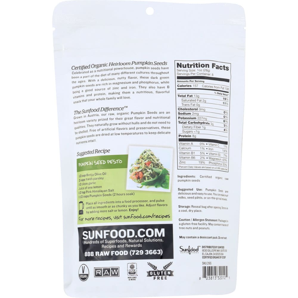 SUNFOOD SUPERFOODS: Pumpkin Seeds Heirlom Org 8 oz - Grocery > Snacks > Nuts > Seeds - Sunfood Superfoods