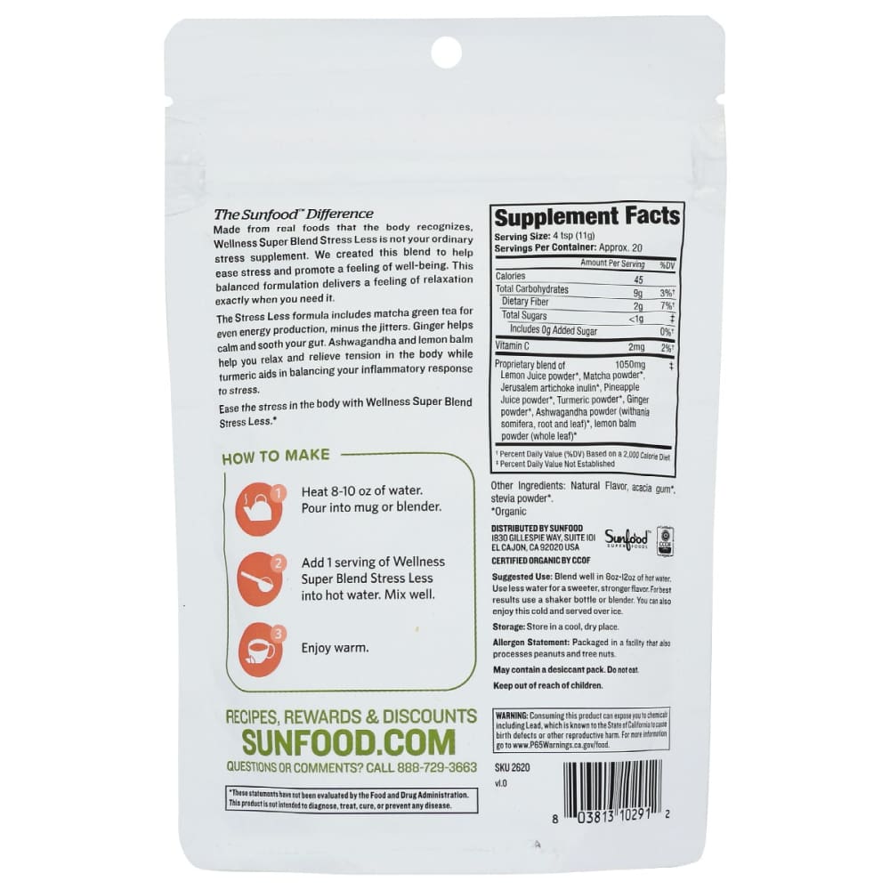 SUNFOOD SUPERFOODS: Stress Superfood Powder 8 oz - Vitamins & Supplements > Food Supplements - Sunfood Superfoods