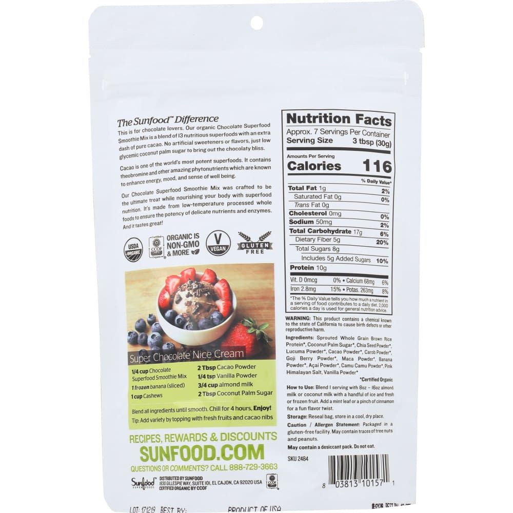 SUNFOOD SUPERFOODS: Superfood Powder Choc 8 oz - Vitamins & Supplements > Food Supplements - Sunfood Superfoods