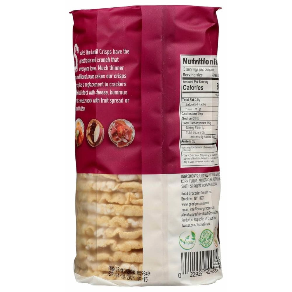 SUZIES Grocery > Snacks > Crackers > Crackers Rice & Alternative Grain SUZIES: Cakes Thin Sprouted, 3.6 oz