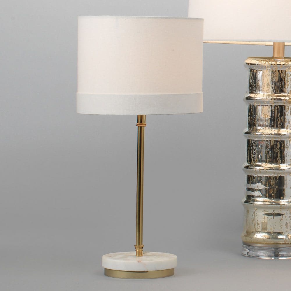 Table Lamp in White Marble & Antique Brass Metal With Drum Shade White Linen - Decor - Table