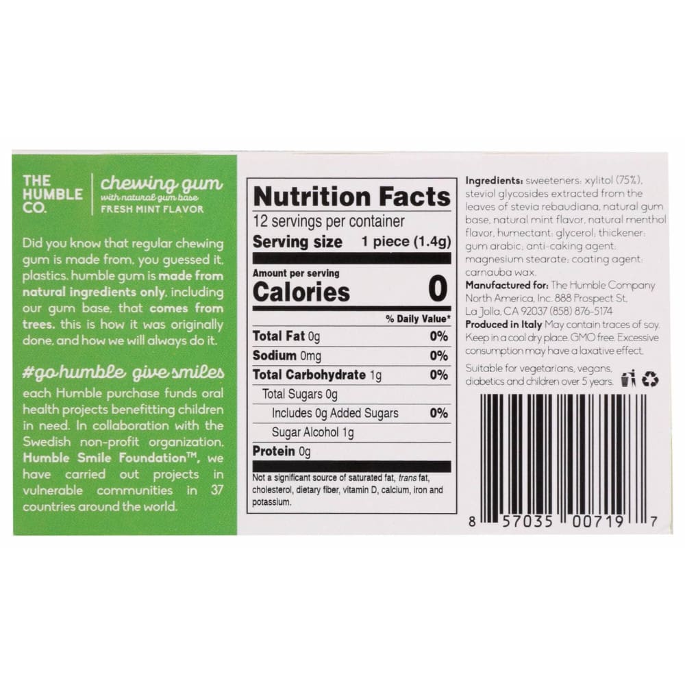 THE HUMBLE CO Grocery > Chocolate, Desserts and Sweets > Breath Fresheners and Gums THE HUMBLE CO Fresh Mint Chewing Gum, 12 pc
