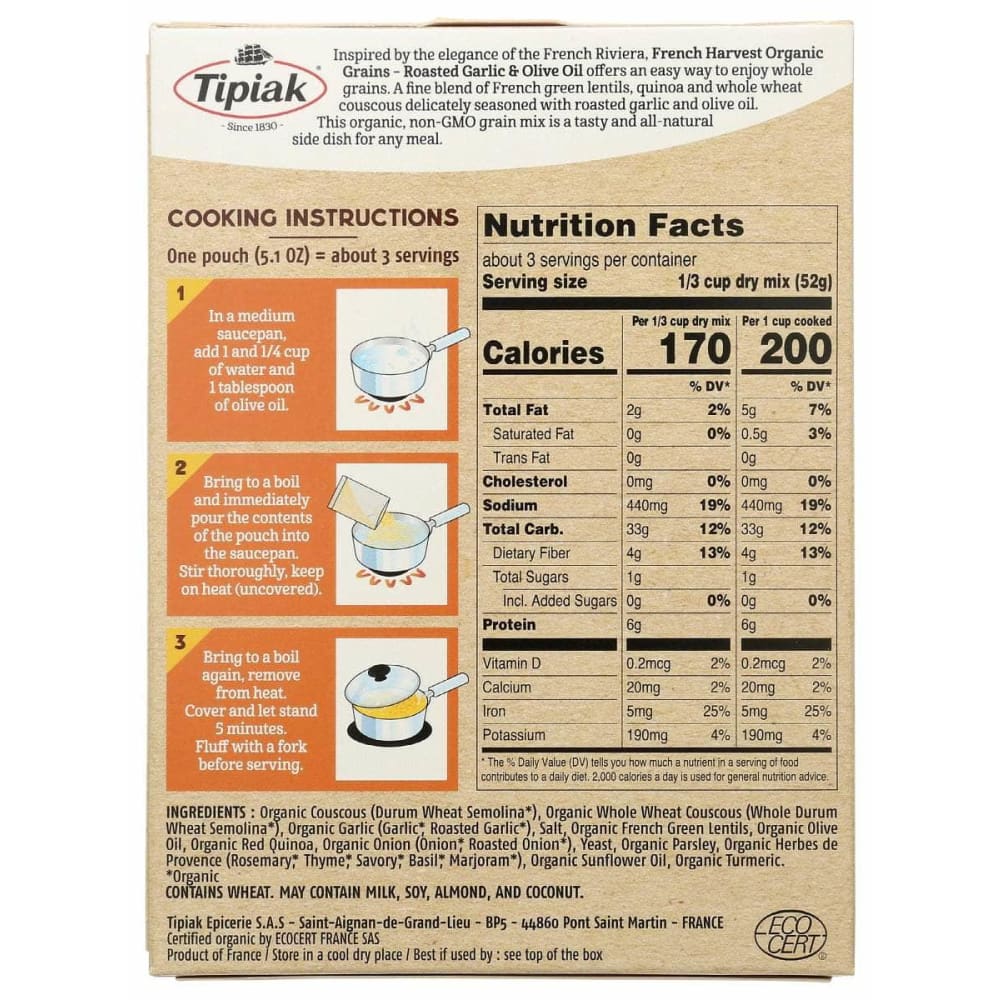 TIPIAK Grocery > Pantry > Food TIPIAK: French Harvest Organic Grains Roasted Garlic Olive Oil, 5.1 oz