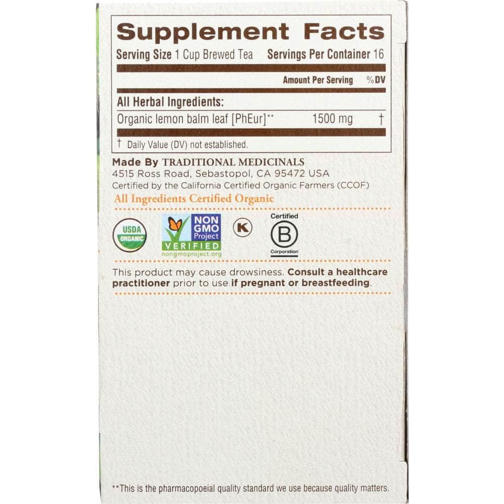Traditional Medicinals Traditional Medicinals Organic Lemon Balm Caffeine Free Herbal Tea 16 Tea Bags, 0.85 oz