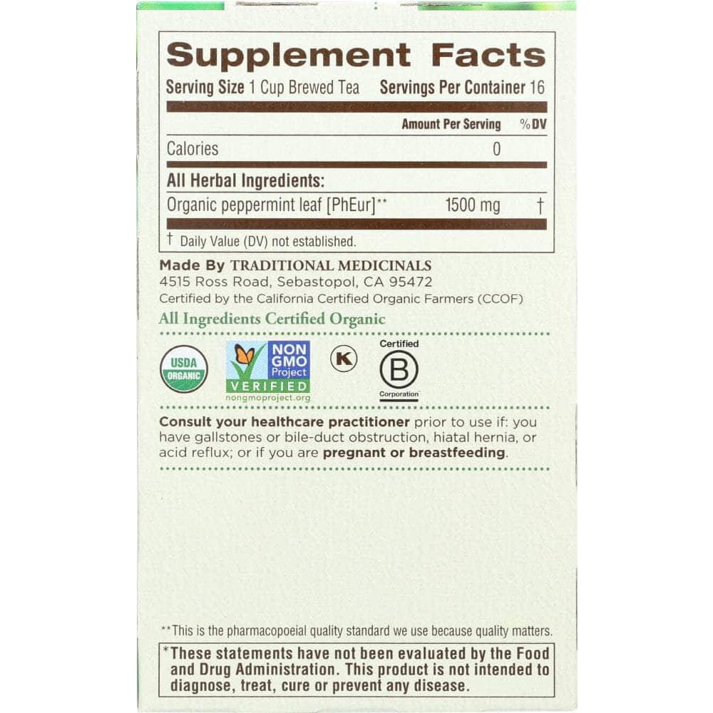 Traditional Medicinals Traditional Medicinals Organic Peppermint Herbal Tea 16 Tea Bags, 0.85 oz