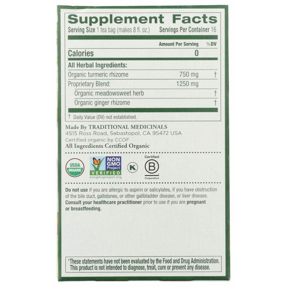 TRADITIONAL MEDICINALS Grocery > Beverages > Coffee, Tea & Hot Cocoa TRADITIONAL MEDICINALS Organic Turmeric With Meadowsweet and Ginger Tea, 16 bg