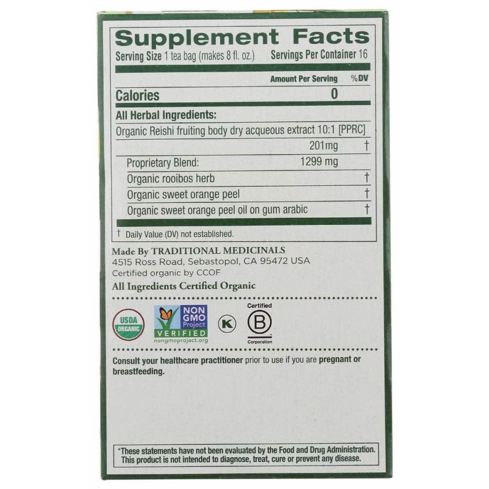 TRADITIONAL MEDICINALS Grocery > Beverages > Coffee, Tea & Hot Cocoa TRADITIONAL MEDICINALS Tea Reishi Mshrm Orng Pl, 16 bg