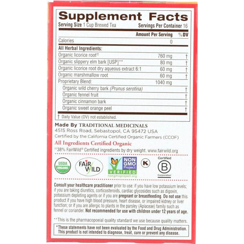 Traditional Medicinals Traditionals Organic Throat Coat 16 Tea Bags, 1.13 oz
