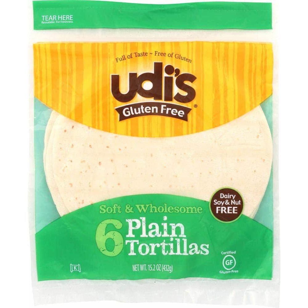 Udis Udi's Plain Tortilla Large Gluten Free, Dairy Soy & Nut Free, 6 Counts, 11.2 oz