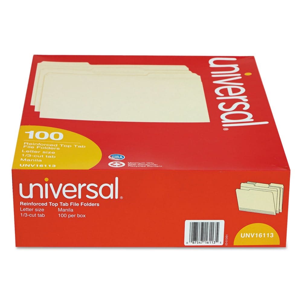 Universal® File Folders 1/3 Cut Assorted Two-Ply Top Tab Manila 100/Box (Various Types) - File Folders - Universal®