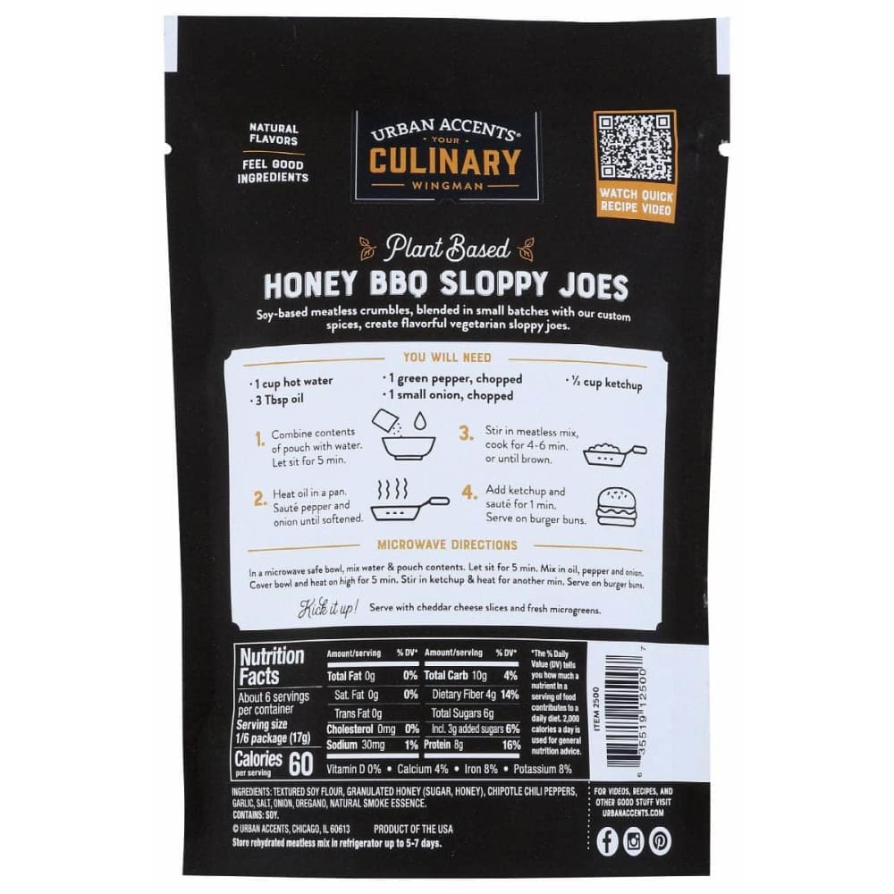 URBAN ACCENTS Grocery > Cooking & Baking > Seasonings URBAN ACCENTS Classic Honey Bbq Plant Based Sloppy Joe Ground Veggie Meatless Mix, 3.5 oz