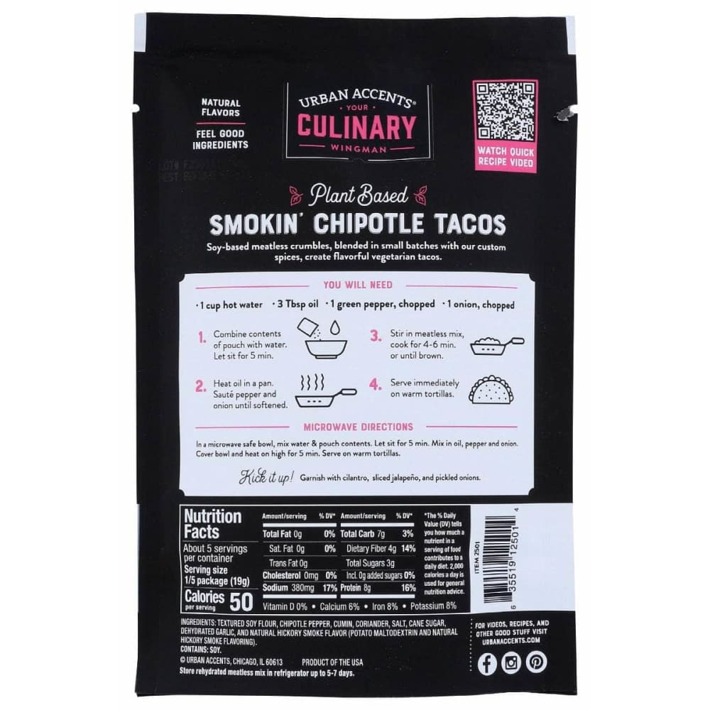 URBAN ACCENTS Grocery > Cooking & Baking > Seasonings URBAN ACCENTS Smokin Chipotle Plant Based Street Taco Ground Veggie Meatless Mix, 3.4 oz