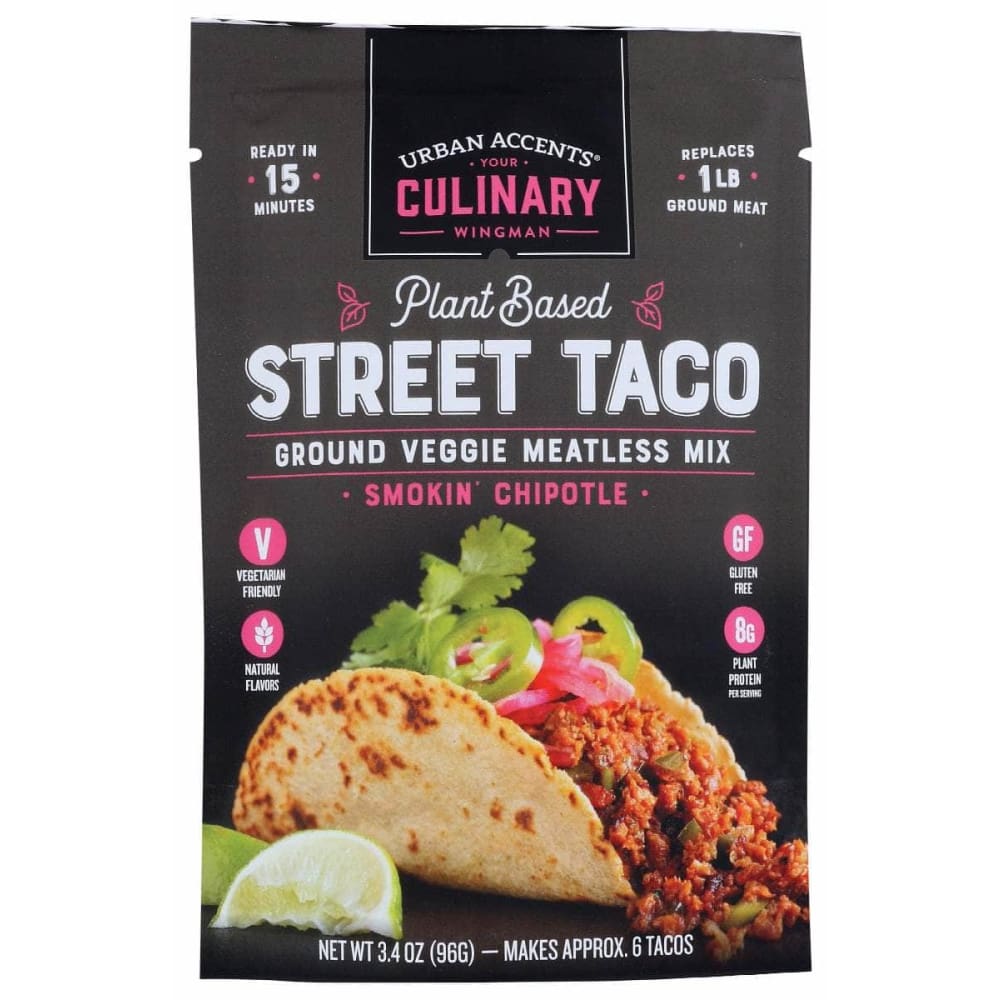 URBAN ACCENTS Grocery > Cooking & Baking > Seasonings URBAN ACCENTS Smokin Chipotle Plant Based Street Taco Ground Veggie Meatless Mix, 3.4 oz