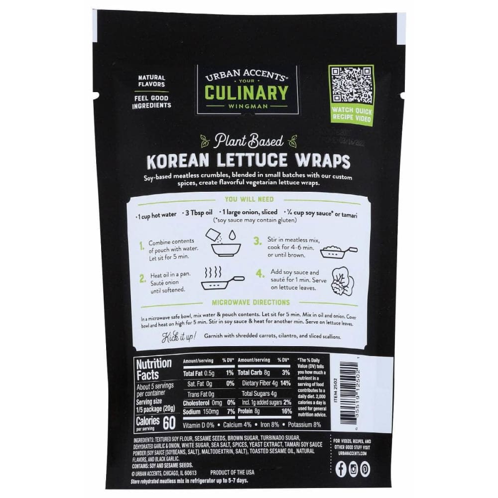 URBAN ACCENTS Grocery > Cooking & Baking > Seasonings URBAN ACCENTS Sweet Black Garlic Plant Based Korean Bbq Ground Veggie Meatless Mix, 3.6 oz