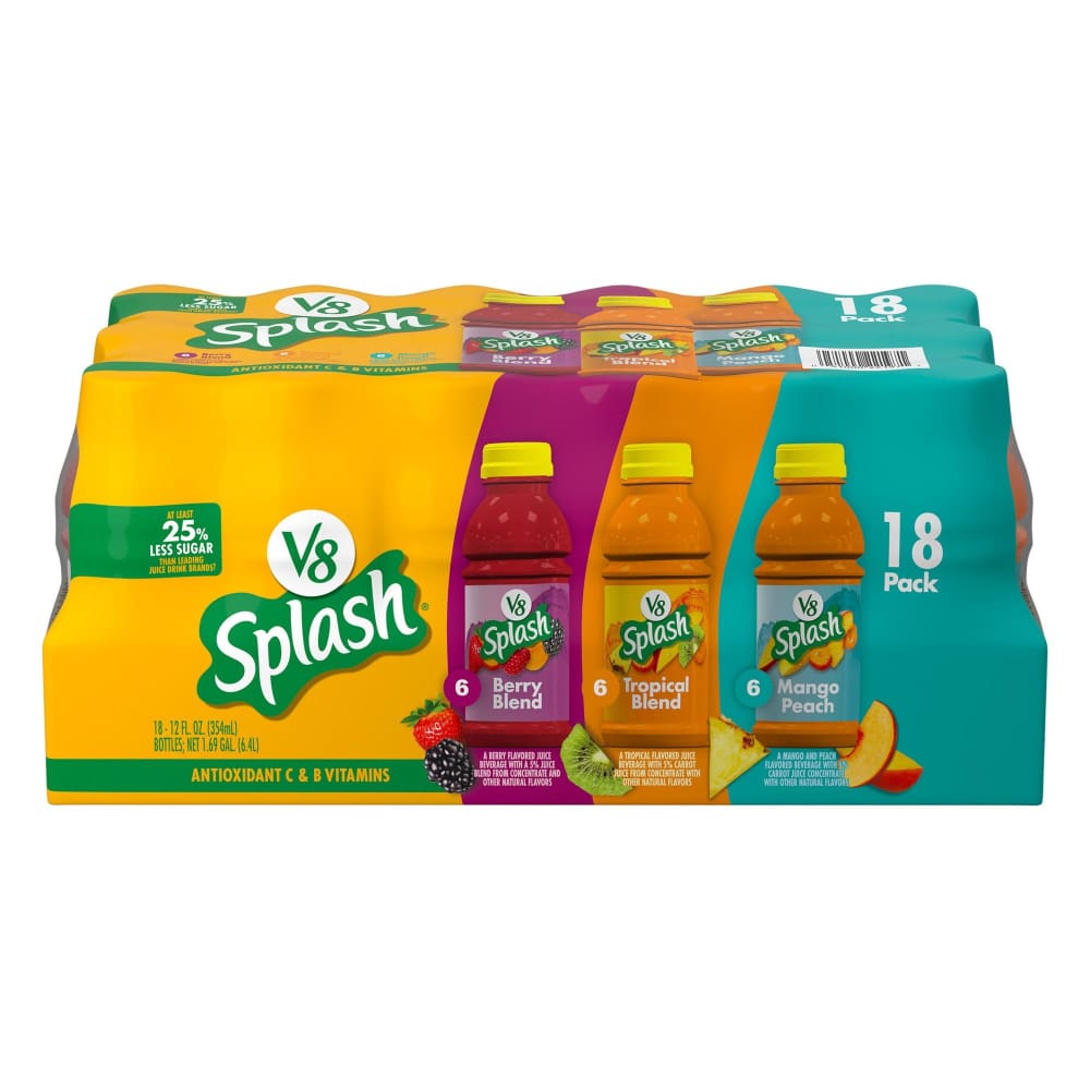 V8 Splash Berry Blend Tropical Blend and Mango Peach Juice Variety Pack 18 ct./12 oz. - Home/Grocery Household & Pet/Beverages/Juice/ -