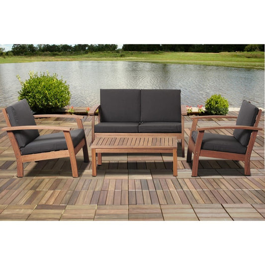 Valencia Eucalyptus Patio Deep Seating Set with Black Cushions (4 pcs.) - Outdoor Seating Sets - Valencia
