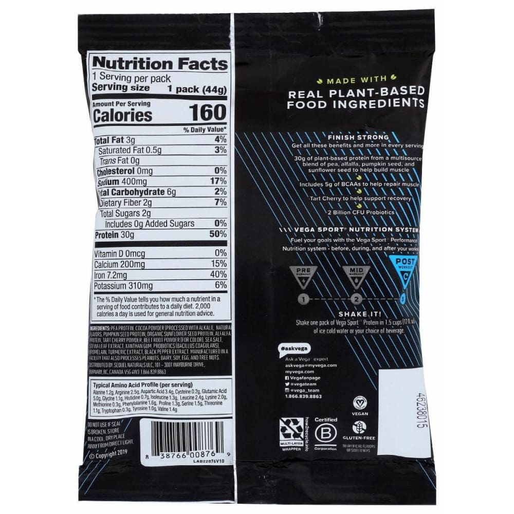 VEGA Vitamins & Supplements > Protein Supplements & Meal Replacements > PROTEIN & MEAL REPLACEMENT POWDER VEGA Sport Premium Plant Based Protein Powder Chocolate, 1.6 oz