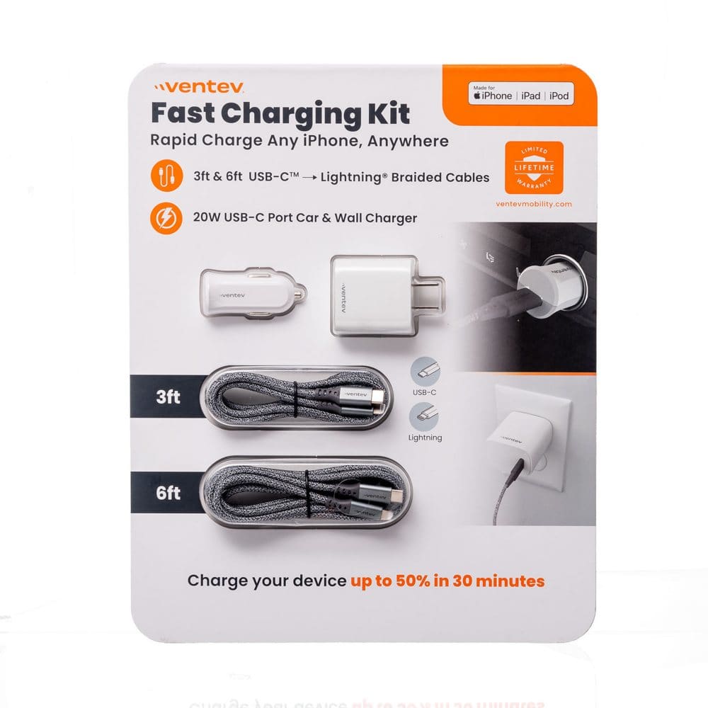 Ventev Fast Charging Kit with PD Car & Wall Chargers + 3ft & 6ft USB-C to Lightning Cables - Cell Phone Accessories - Ventev