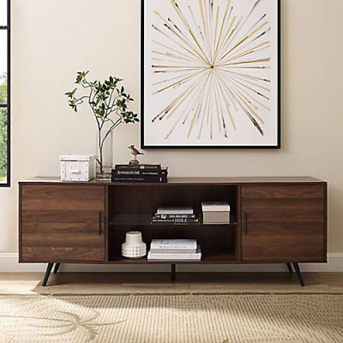 W. Trends 70 Nora Mid Century Modern Glass Shelf 2-Door TV Stand for TVs Up to 80 - Dark Walnut - Home/Furniture/TV Stands & Media