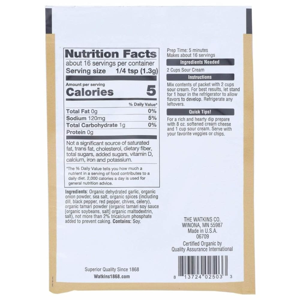 WATKINS Watkins Mix Garlic Dip Org, 0.74 Oz