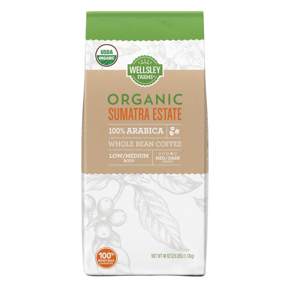 Wellsley Farms Organic Sumatra Estate Whole Bean Coffee 40 oz. - Home/Grocery Household & Pet/Coffee Tea & Creamer/Coffee/ - Wellsley Farms