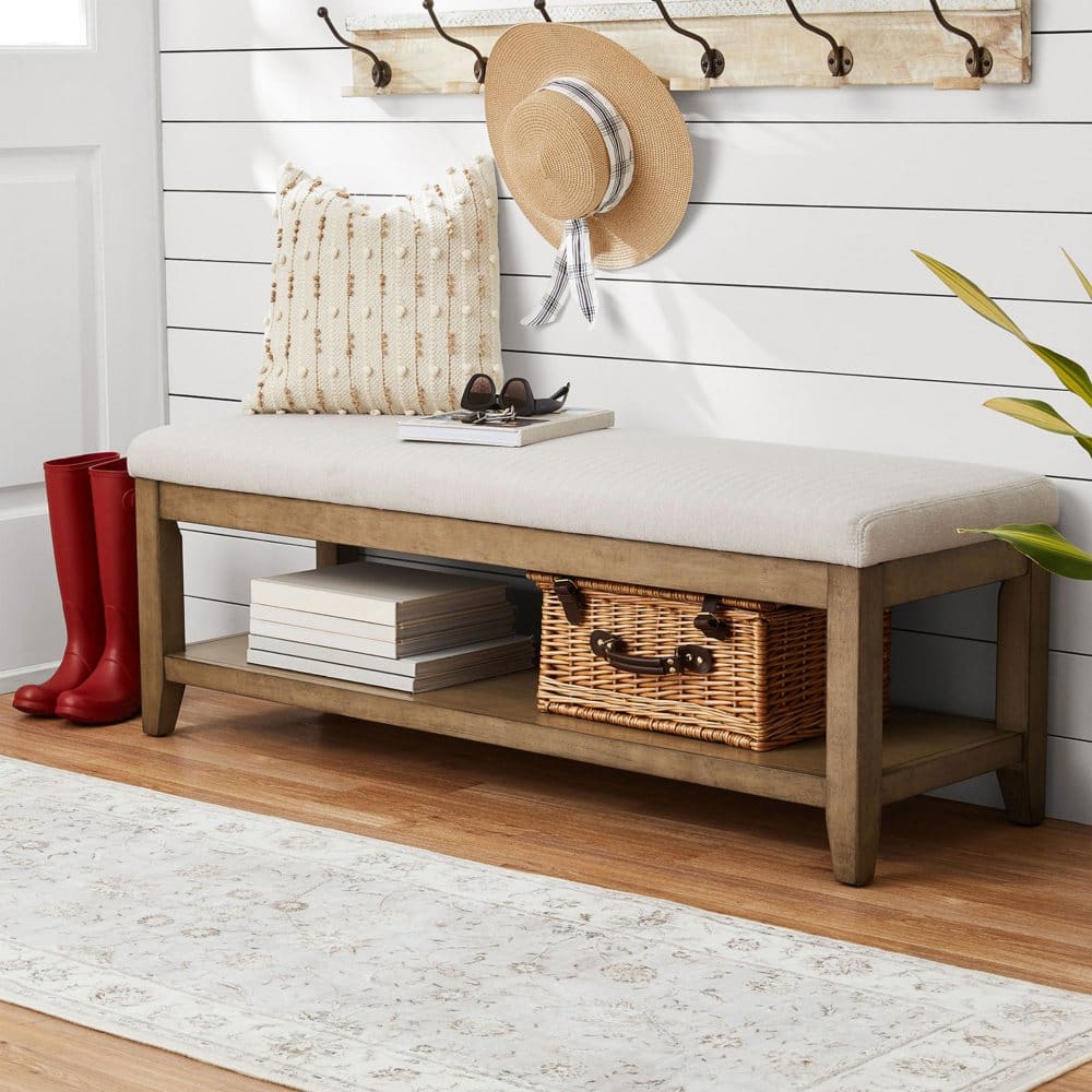 Westport Beige Fabric Upholstery and Wood Bench with Lower Storage Shelf - Transitional - Westport