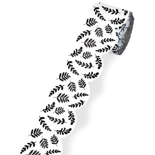 White with Blk Leaves Rolled Borders Scalloped (Pack of 6) - Border/Trimmer - Carson Dellosa Education