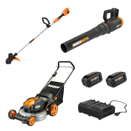 Worx 20 Push Mower 13 String Trimmer Quiet Tech Blower Combo Kit - Lawn Mowers - Worx