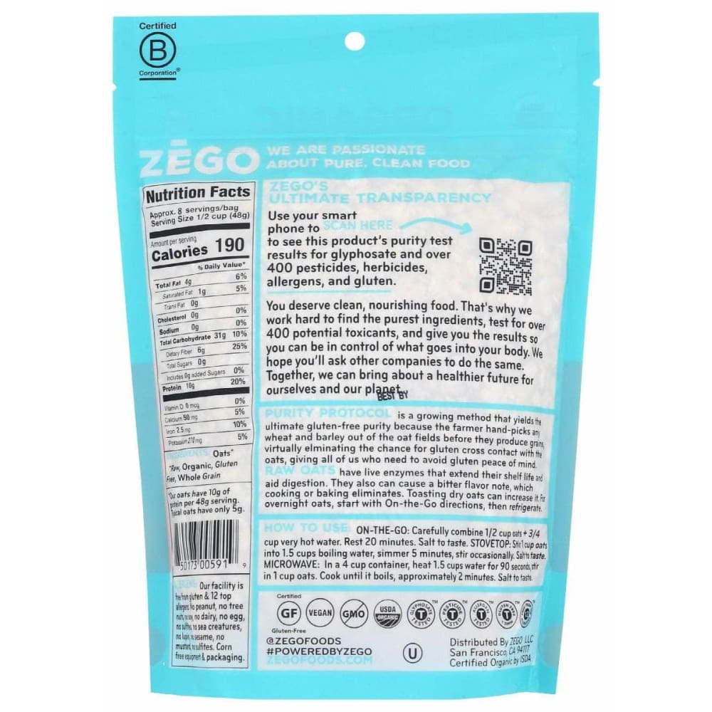 ZEGO Grocery > Breakfast > Breakfast Foods ZEGO: Organic Raw Gluten Free Double Protein Oats, 14 oz