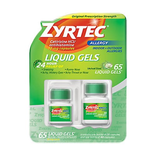 Zyrtec 24-Hour Allergy Relief Medicine Liquid Gels 10mg Cetirizine HCl Antihistamine 65 ct. - Home/Health & Wellness/Medicines &